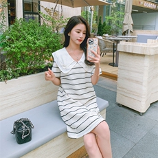法式白色条纹娃娃领连衣裙女夏2025年新款超好看中长款宽松T恤裙，女装连衣裙，帛香坊