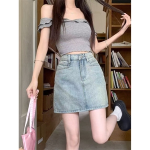 美式复古蝴蝶结刺绣牛仔半身裙女夏季辣妹包臀超短裙a字显瘦裙子图片