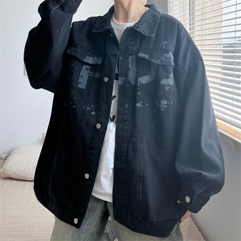 美式涂鸦字母印花帅气高街牛仔外套男复古潮牌宽松夹克DW106-p60,男装工装外套,星座1008-1