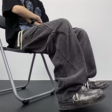 美式高街弯刀牛仔裤男秋季潮牌宽松休闲裤拼接水洗做旧阔腿裤3901，男装休闲裤，星座506