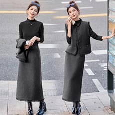 法式小香风套装女连衣裙2025秋冬季新款流苏休闲A字裙马甲三件套，女装套装/套裙，美沁