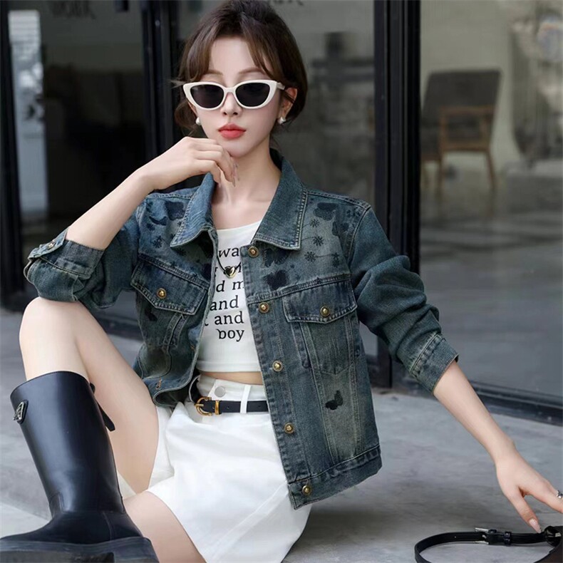 现货牛仔外套女秋季新款刺绣百搭减龄棒球服夹克短款上衣潮,女装牛仔外套,江南女神
