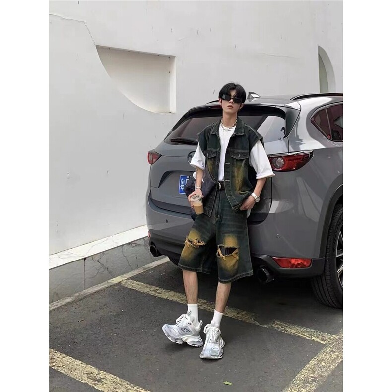 夏季款美式复古做旧破洞牛仔短裤男女街头百搭宽松阔腿直筒五分裤,男装牛仔裤,星座506A