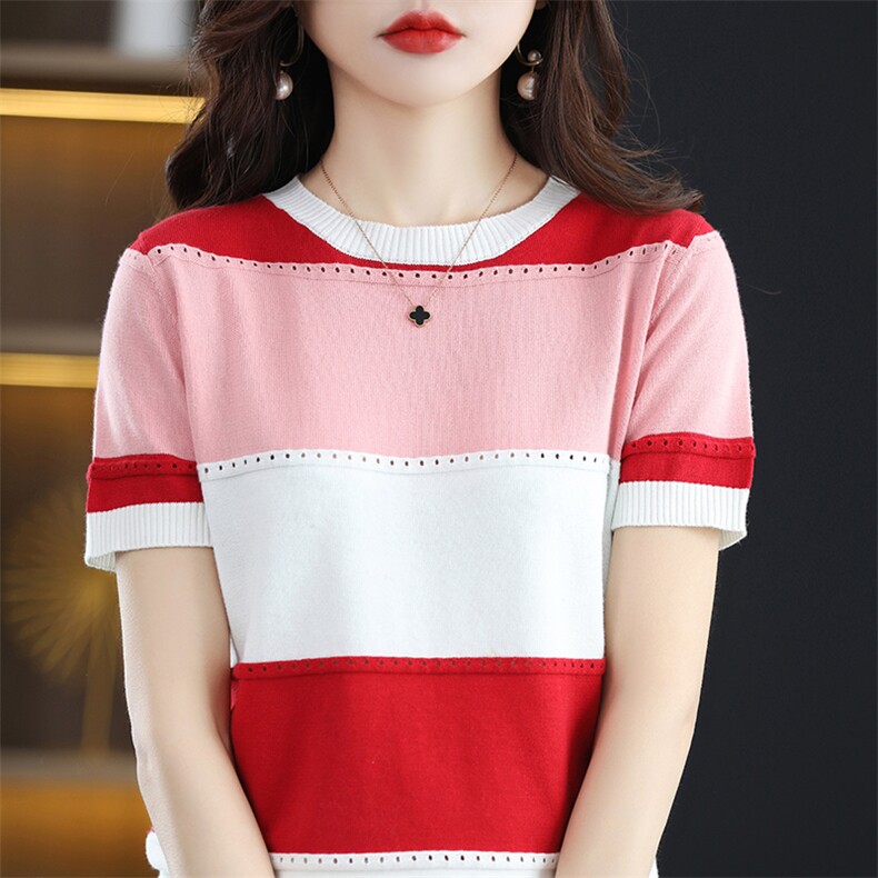 100%纯棉短袖女宽松夏季22新款圆领拼色T恤显瘦百搭针织半袖上衣，女装针织衫/毛衣，郡淞羊绒