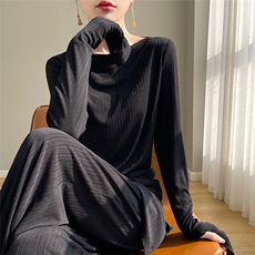 羊范法式优雅设计感醋酸显瘦上衣女一字领坑条修身打底不规则长袖，女装蕾丝衫/雪纺衫，优麦羊绒（原洪叶羊绒）