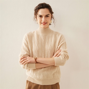 2025年秋季落肩袖常规款套头长袖半高圆领单件针织衫时尚百搭，女装针织衫/毛衣，溪贝羊绒