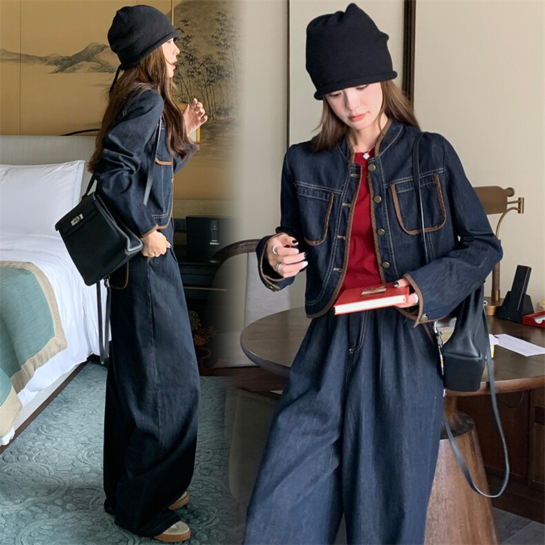 港风休闲牛仔套装女小个子休闲百搭外套2025春季新款阔腿裤两件套,女装套装/套裙,纯色衣恋