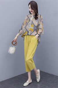 2021年夏季时尚气质优雅韩版印花圆领棉麻两件套图片