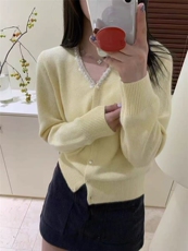 新款纯色手工亮片单排扣开衫时尚百搭，女装针织衫/毛衣，百纯羊绒