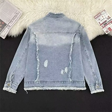 水洗做旧流苏毛边牛仔夹克男女复古潮牌情侣外套上衣GG8896P84，男装工装外套，星座1013-5