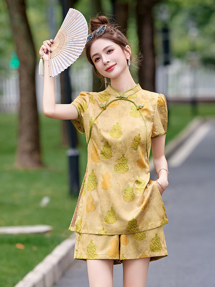新中式国风提花套装女2025夏新款盘扣短袖上衣显瘦高腰短裤两件套,女装套装/套裙,沁沁公主