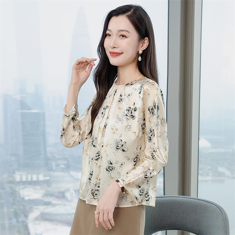 粉色印花高级春装新款真丝衬衫女洋气真丝套头圆领长袖上衣,女装衬衫,阿舍尔精品