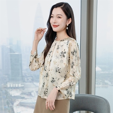粉色印花高级春装新款真丝衬衫女洋气真丝套头圆领长袖上衣，女装衬衫，阿舍尔精品