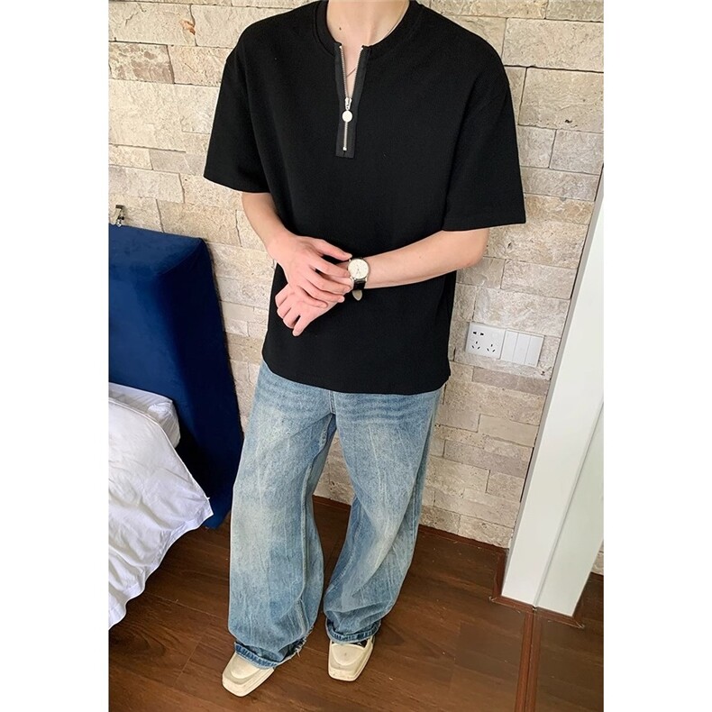 华夫格半拉链短袖T恤潮男亨利领百搭设计感宽松短袖TA331-P36,男装T恤,星座208-5