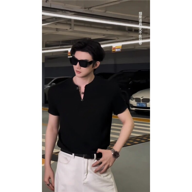 痞帅高级感黑色t恤男夏季潮牌polo衫短袖正肩设计感小众v领男上衣,男装T恤,星座506A