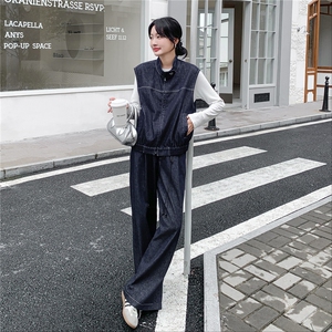 秋季牛仔阔腿裤马甲时尚两件套女图片