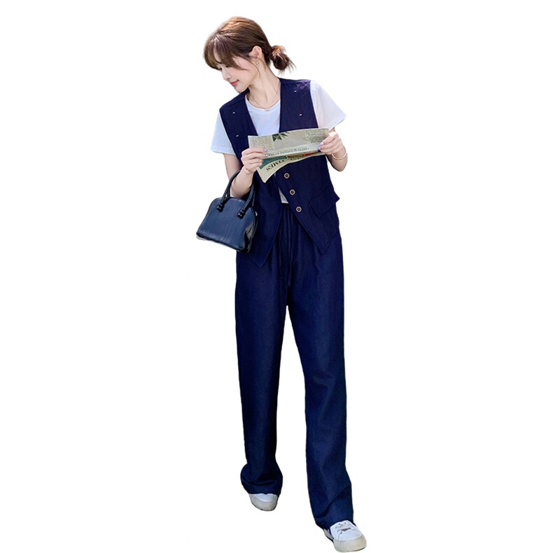 时尚休闲三件套女装2025年夏季新款洋气质开衫短袖马甲阔腿裤套装,女装套装/套裙,2C051