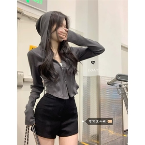 美式复古连帽双拉链长袖开衫女2025秋冬新款鱼骨设计感短款小外套图片
