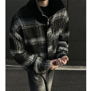 美式高领防风复古外套 粗纺小香风格子编制秋冬夹克829 P115图片