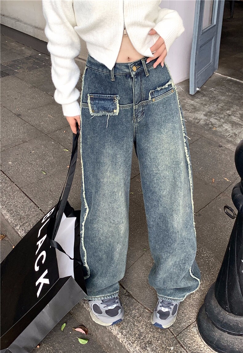 5068复古做旧毛边牛仔裤女高腰显瘦直筒阔腿裤子拖地裤P58,女装牛仔裤,星座309B-2