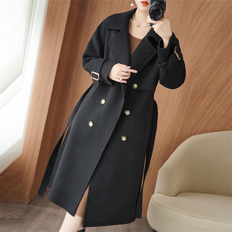 新款秋冬季女装简约保暖时尚羊毛大衣黑色长款双排扣修身显瘦外套，女装双面呢大衣，乾庄羊绒