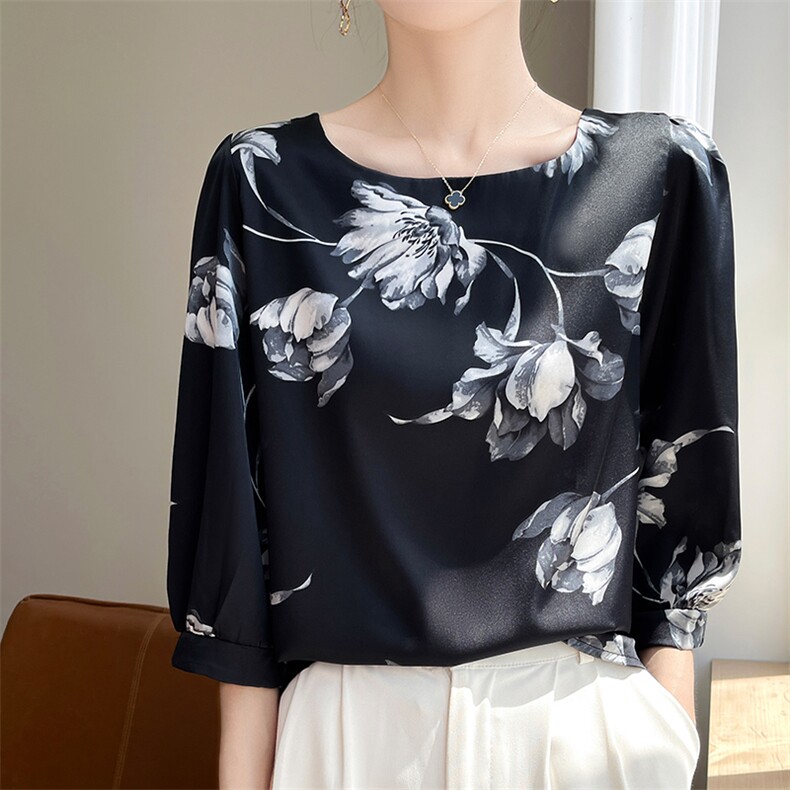 夏季新款醋酸真丝绸面U型领印花短袖女六分袖背心上衣宽松休闲潮，女装衬衫，朝贺羊绒