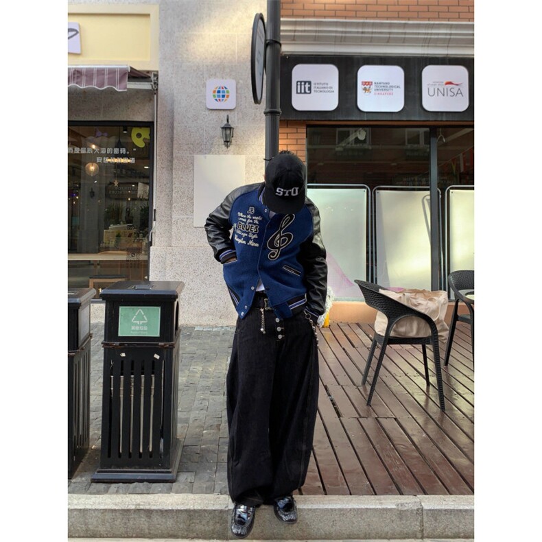 2025新款忧郁蓝调头层皮棒球服小众色织刺绣工艺面料,女装职业装,四季星座505