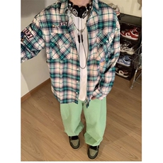 潮百搭字母刺绣宽松格子长袖衬衫男女情侣外套C28，男装衬衫，星座1116A（原606A-3）