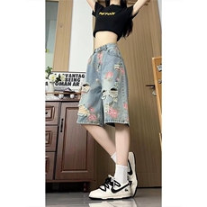 花卉满印破洞牛仔短裤女款夏季薄款美式高街vibe裤子潮牌五分中裤，男装牛仔裤，星座506A