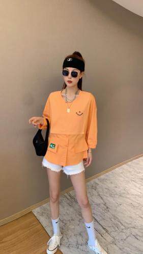 【现货】夏季新款针织衬衫拼接款笑脸刺绣七分袖潮款圆领卫衣，女装衬衫，微迪菲