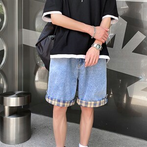 ins情侣宽松格子翻边夏季薄款五分裤子牛仔短裤男A125-DK16-P38，男装牛仔裤，电商A125
