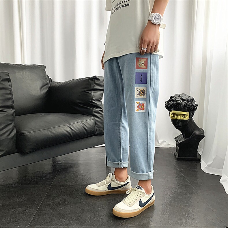 夏男牛仔裤卡通动物字母印花潮直筒九分裤nk823P40,男装牛仔裤,星座1013-1
