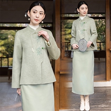 中国风双面羊毛套装女2024春秋新款中式改良旗袍高腰茶服两件套裙，女装套装/套裙，芷墨服饰