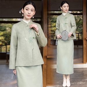 中国风双面羊毛套装女2024春秋新款中式改良旗袍高腰茶服两件套裙图片