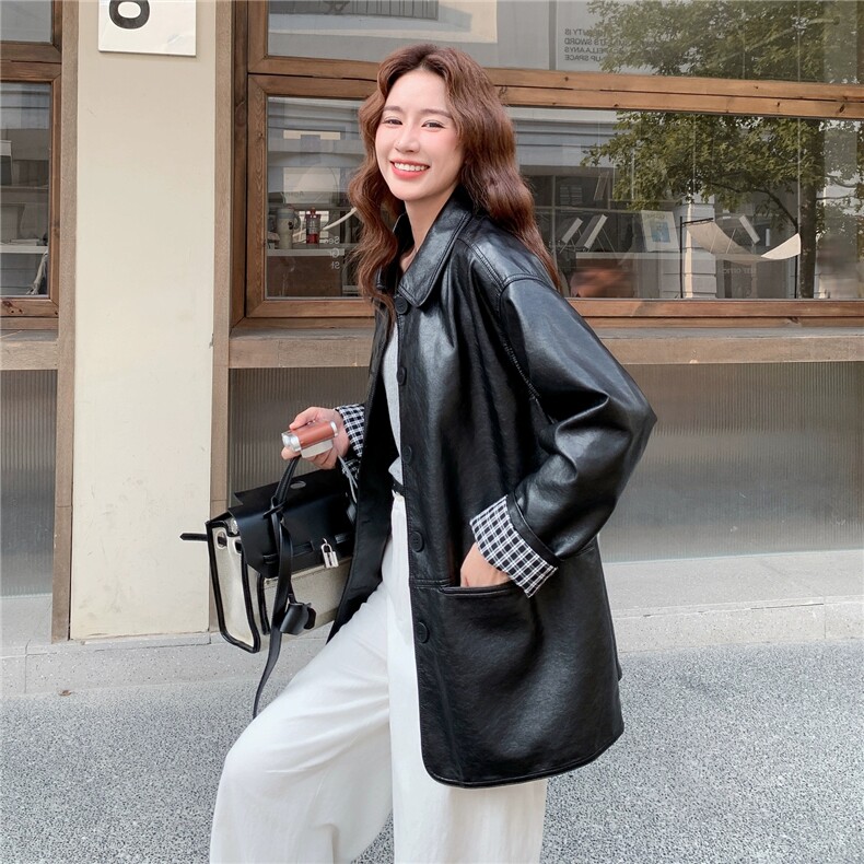 小个子休闲夹克黑色翻领格子袖中长款皮衣外套女秋图片