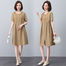纯棉薄款圆领连衣裙夏装短袖妈妈休闲宽松遮肉显瘦a字裙女中长款，女装连衣裙，玛其路
