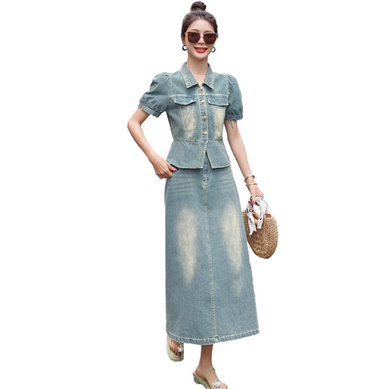 可盐可甜牛仔套装女夏季2025新款韩系小个子气质时尚半身裙两件套,女装套装/套裙,韩蜜菓