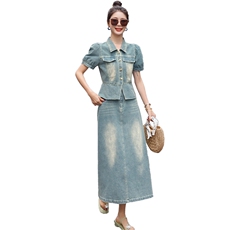 可盐可甜牛仔套装女夏季2025新款韩系小个子气质时尚半身裙两件套，女装套装/套裙，韩蜜菓