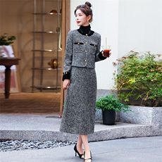 小香风毛呢套装女秋冬2025新款高级感时尚洋气包臀半身长裙两件套，女装套装/套裙，雅静靓衣