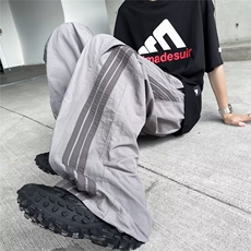 夏男冰丝速干裤三条杠条纹拼色字母印花抽绳束脚长裤h2844P45，男装休闲裤，星座1013-1