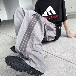 夏男冰丝速干裤三条杠条纹拼色字母印花抽绳束脚长裤h2844 P45图片