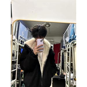 现货重磅硬挺boxy羽绒棉衣座山雕猫耳大毛毛领麂皮棉服冬外套图片