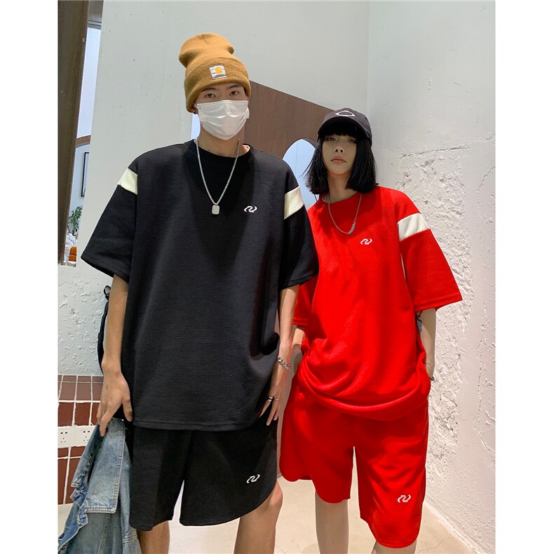 情侣装夏装新款华夫格撞色拼接套装男女宽松半袖T恤潮 D295 P68图片