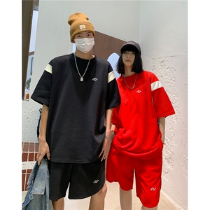 情侣装夏装新款华夫格撞色拼接套装男女宽松半袖T恤潮 D295 P68图片