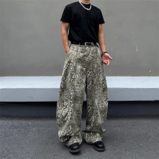 BLACKAT美式高街vibe豹纹弯刀牛仔裤男vintage宽松阔腿休闲长裤潮，男装牛仔裤，星座506A