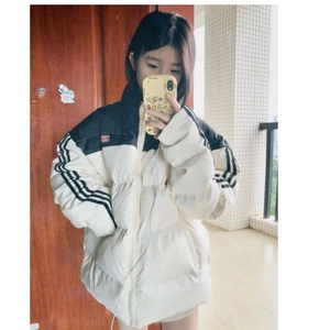 美式复古拼接条纹棉服棉衣女冬季外套小众街头学生加厚保暖面包服图片