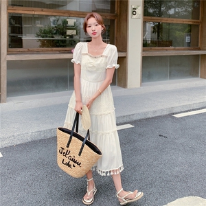 白色蕾丝拼接流苏泡泡袖连衣裙女2025夏季新款法式初恋减龄A字裙图片