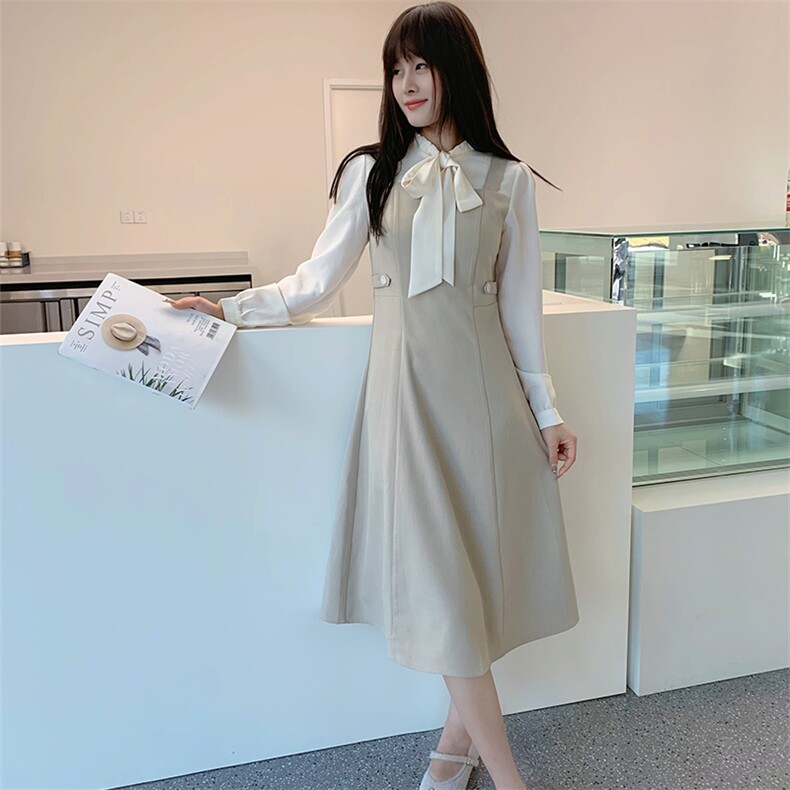 现货2024年春季女新网红时尚甜美收腰显瘦假两件拼色连衣裙，女装连衣裙，煊芮熙