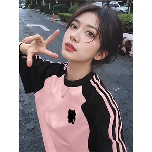 夏季美式高街重磅纯棉三条杠织带插肩撞色男女短袖T恤CZ199-特P25图片