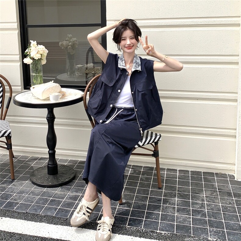 藏青色蕾丝拼接套装裙女2025夏新款休闲时尚工装马甲半身裙两件套图片